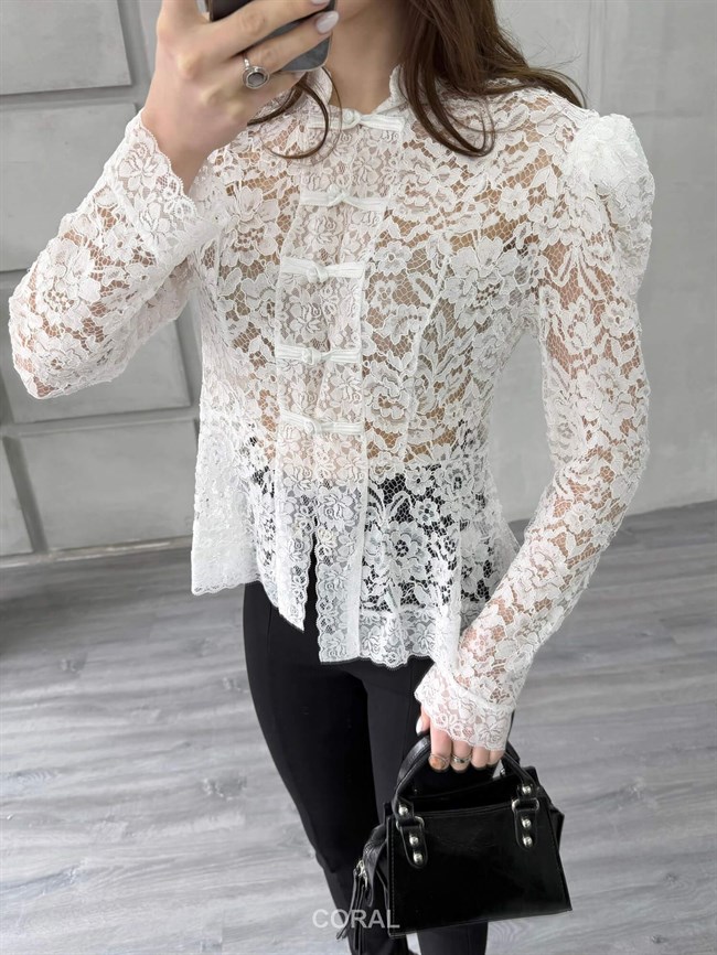 Omzu Vatkalı Dantel Gömlek 3265 Beyaz