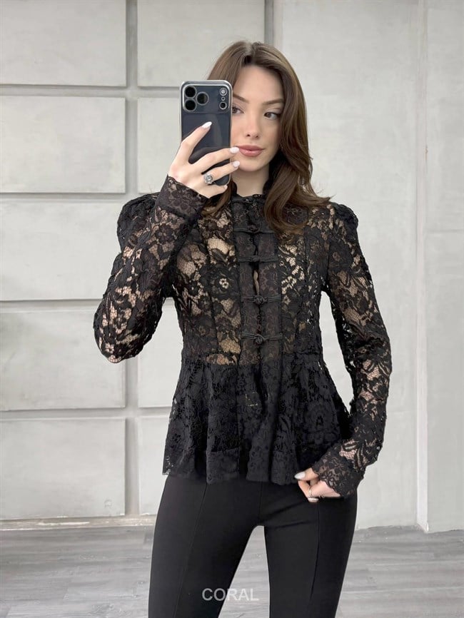Omzu Vatkalı Dantel Gömlek 3265 Siyah