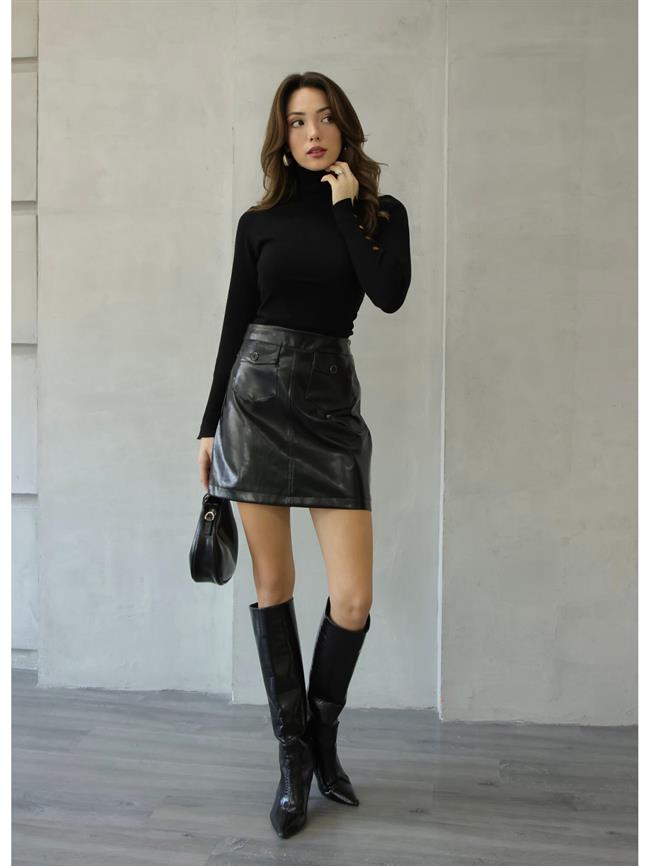 Önden Cepli Rugan Mini Etek 4082 Siyah