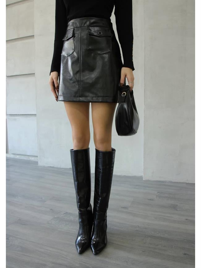 Önden Cepli Rugan Mini Etek 4082 Siyah