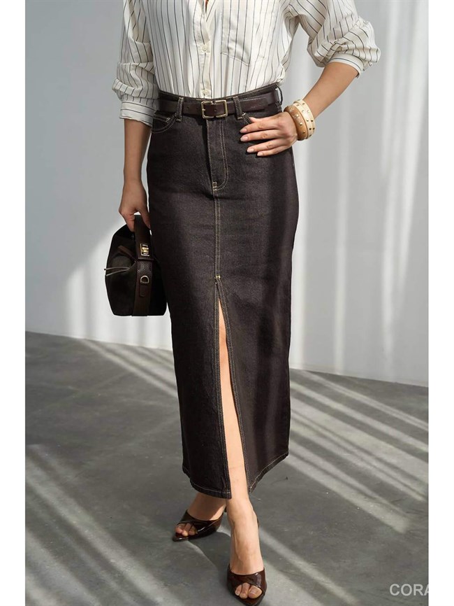 Önden Yırtmaçlı Kot Kalem Etek DE261020 Kahve