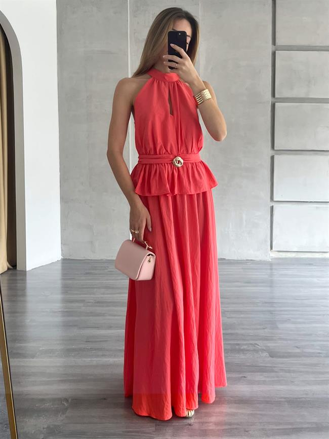 Önü Aksesuarlı Bluz Etek Takım Nar Çiçeği