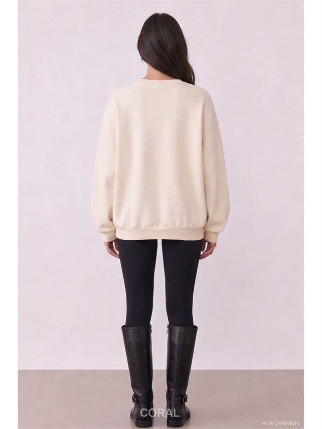 Önü At Baskılı Sweatshirt SWT02836 Bej