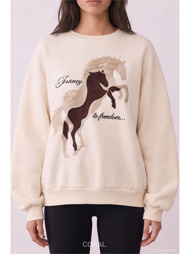 Önü At Baskılı Sweatshirt SWT02836 Bej