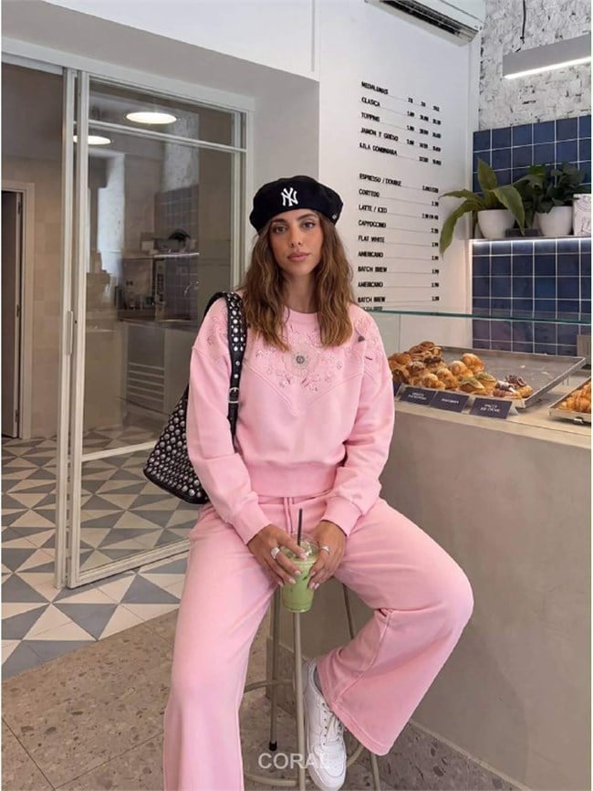 Önü Boncuk İşlemeli Sweatshirt 5974 Pembe
