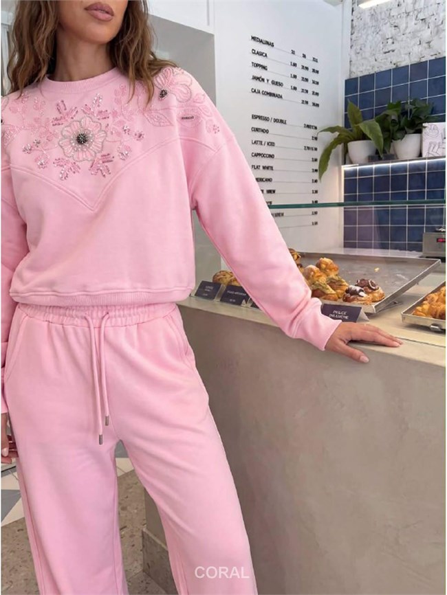 Önü Boncuk İşlemeli Sweatshirt 5974 Pembe