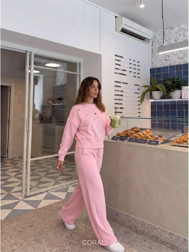 Önü Boncuk İşlemeli Sweatshirt 5974 Pembe