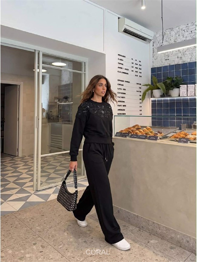 Önü Boncuk İşlemeli Sweatshirt 5974 Siyah