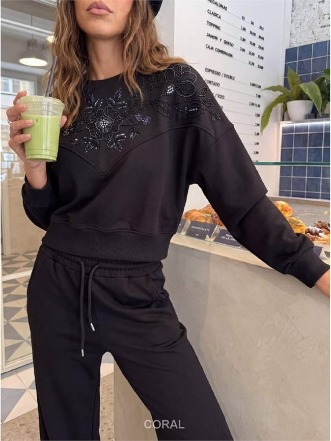 Önü Boncuk İşlemeli Sweatshirt 5974 Siyah