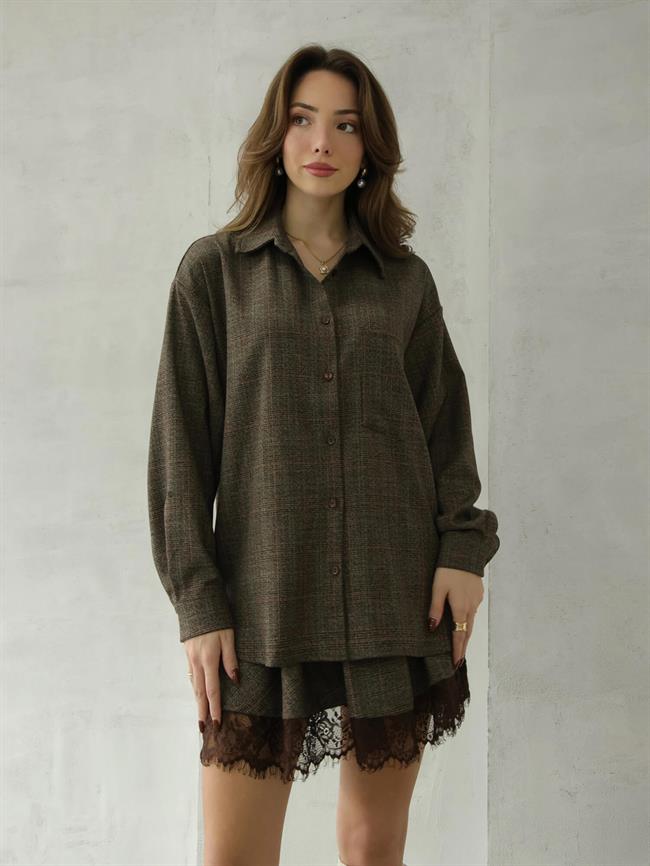 Önü Cepli Bol Gömlek 34502 Kahve