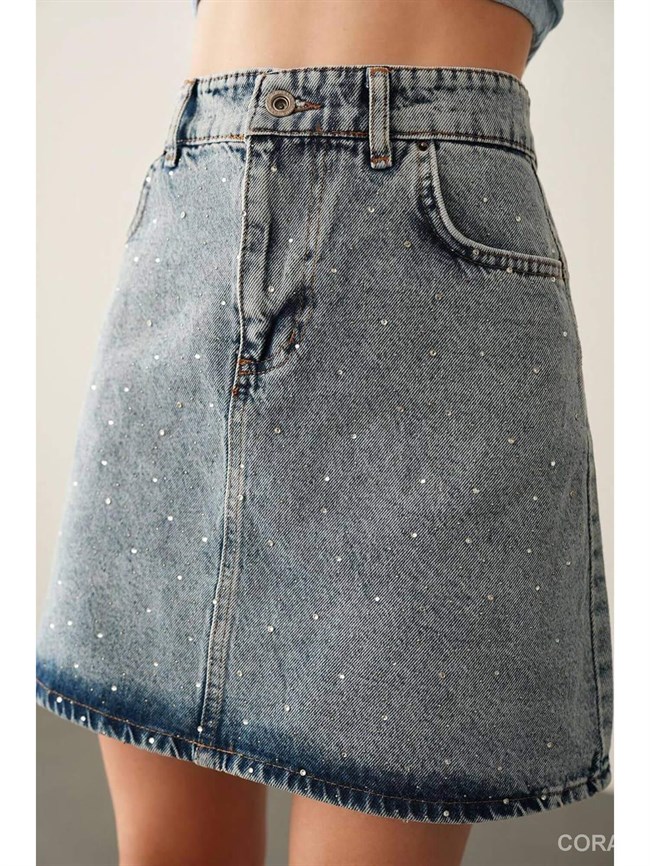 Önü Dağınık Taşlı Mini Kot Etek 9030 Mavi