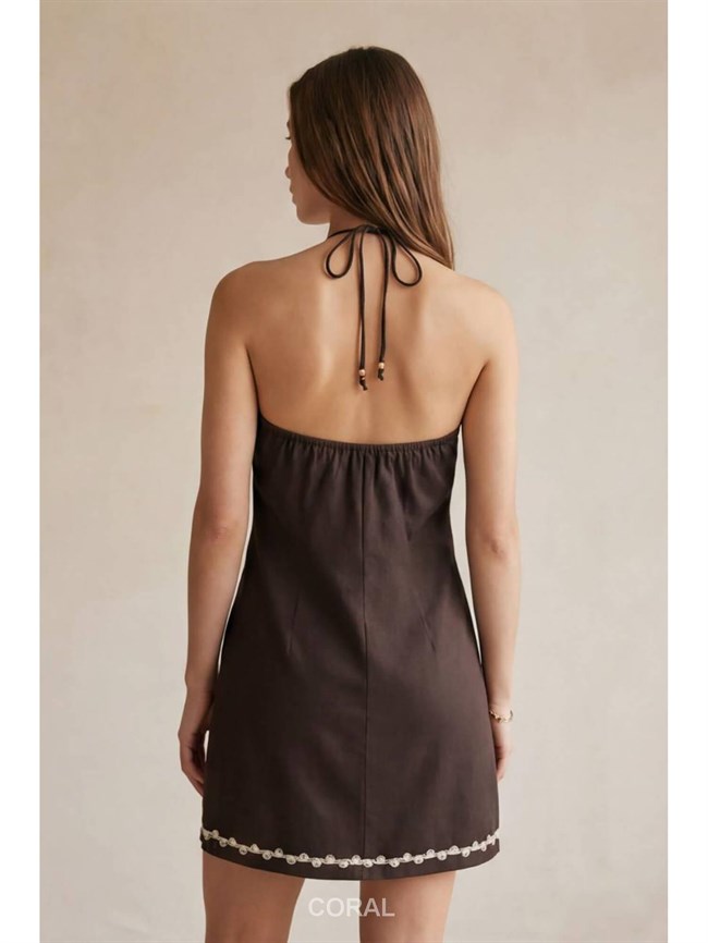 Önü Desenli Boyundan Elbise ELB01900 Kahve