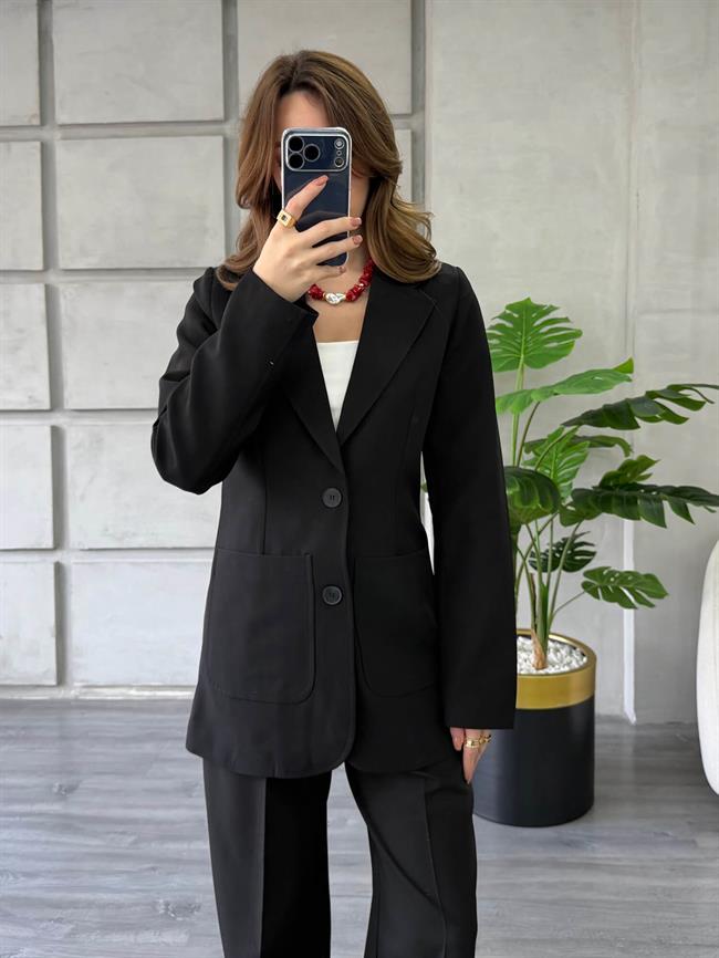 Önü Dikişli Çift Cepli Ceket 0192 Siyah