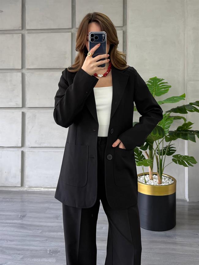 Önü Dikişli Çift Cepli Ceket 0192 Siyah