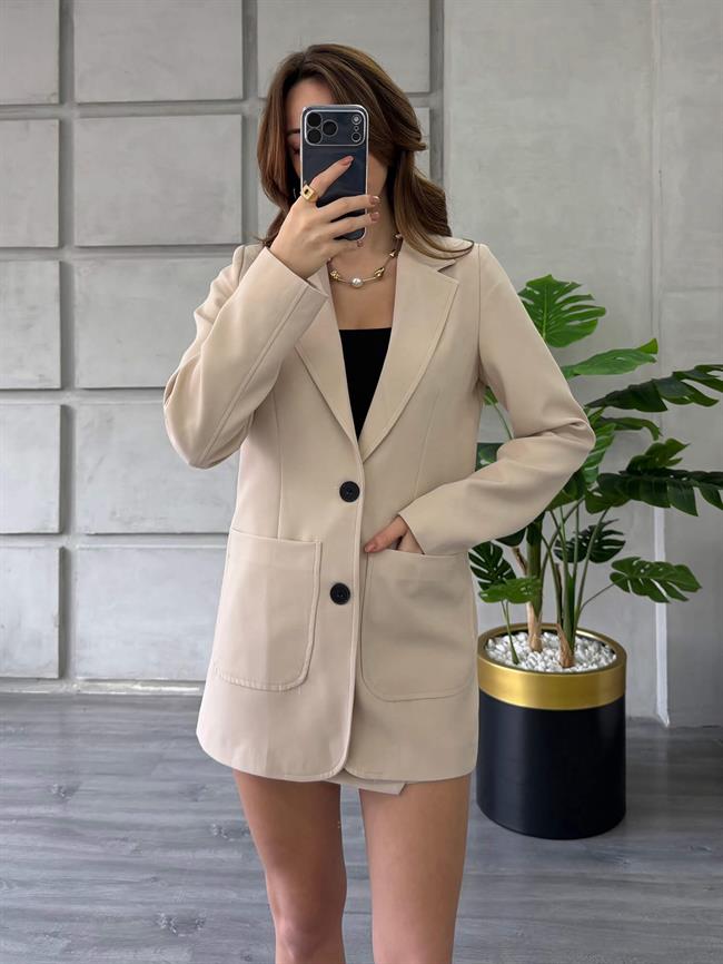 Önü Dikişli Çift Cepli Ceket 0192 Taş