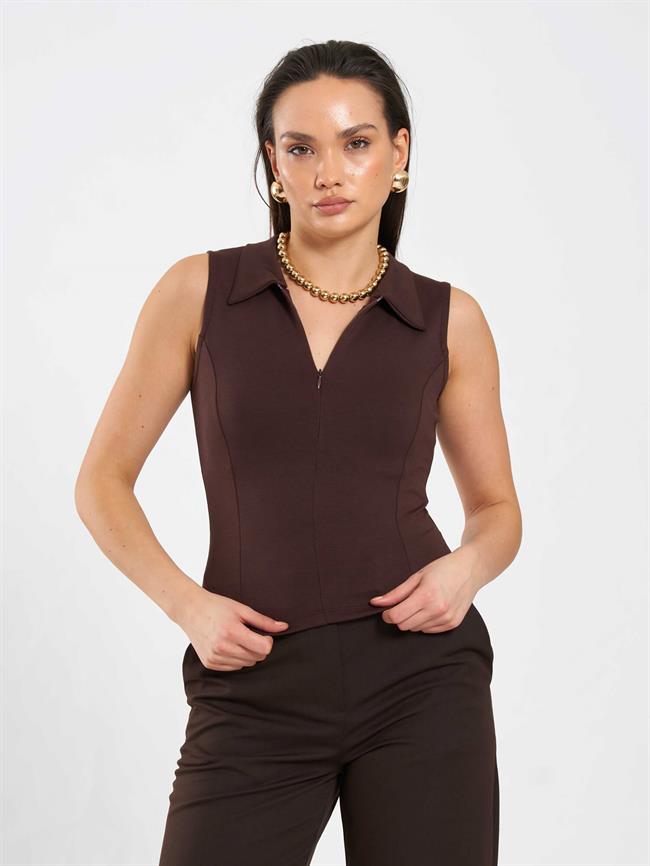 Önü Fermuarlı Örme Kolsuz Badi 071894 Kahve