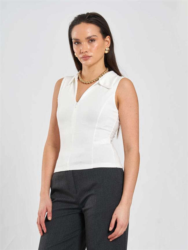 Önü Fermuarlı Örme Kolsuz Badi 071894 Ekru