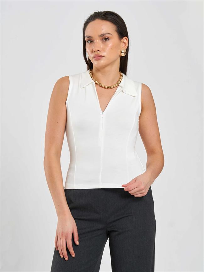 Önü Fermuarlı Örme Kolsuz Badi 071894 Ekru