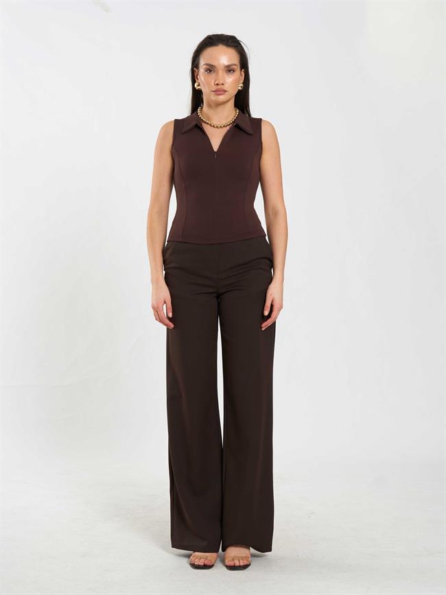 Önü Fermuarlı Örme Kolsuz Badi 071894 Kahve