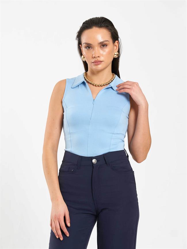 Önü Fermuarlı Örme Kolsuz Badi 071894 Bebe Mavi