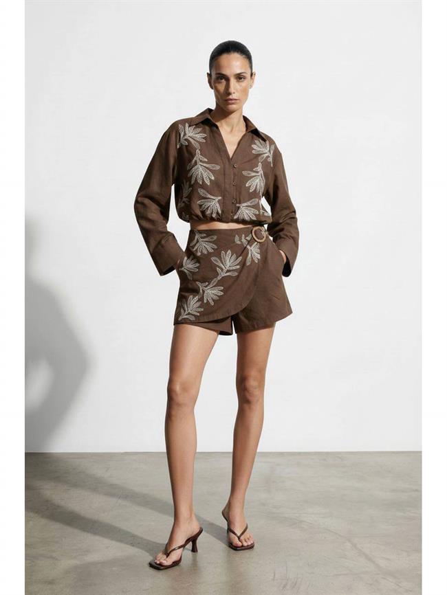Önü Nakışlı Parçalı Şort Srt01648 Kahve
