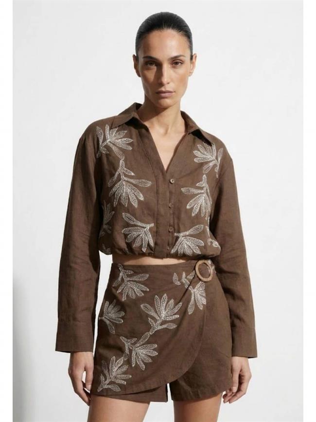 Önü Nakışlı Parçalı Şort Srt01648 Kahve