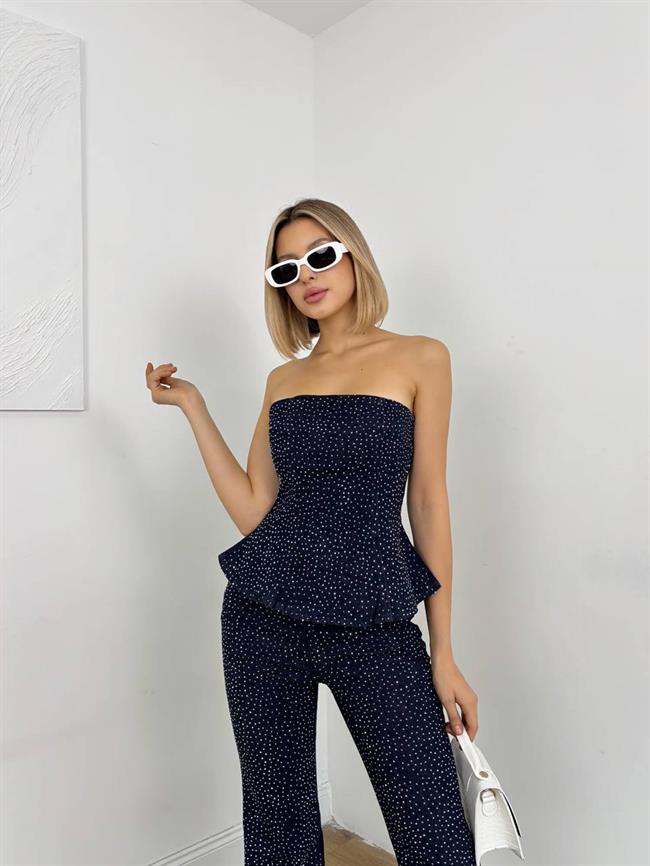 Önü Taşlı Straplez Bluzlu Kot Takım 30036 Lacivert