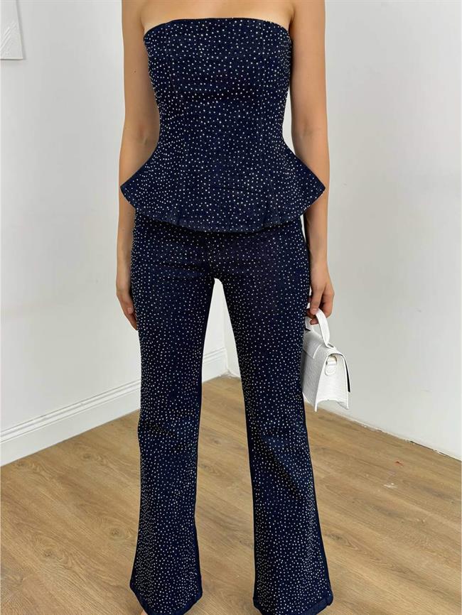 Önü Taşlı Straplez Bluzlu Kot Takım 30036 Lacivert