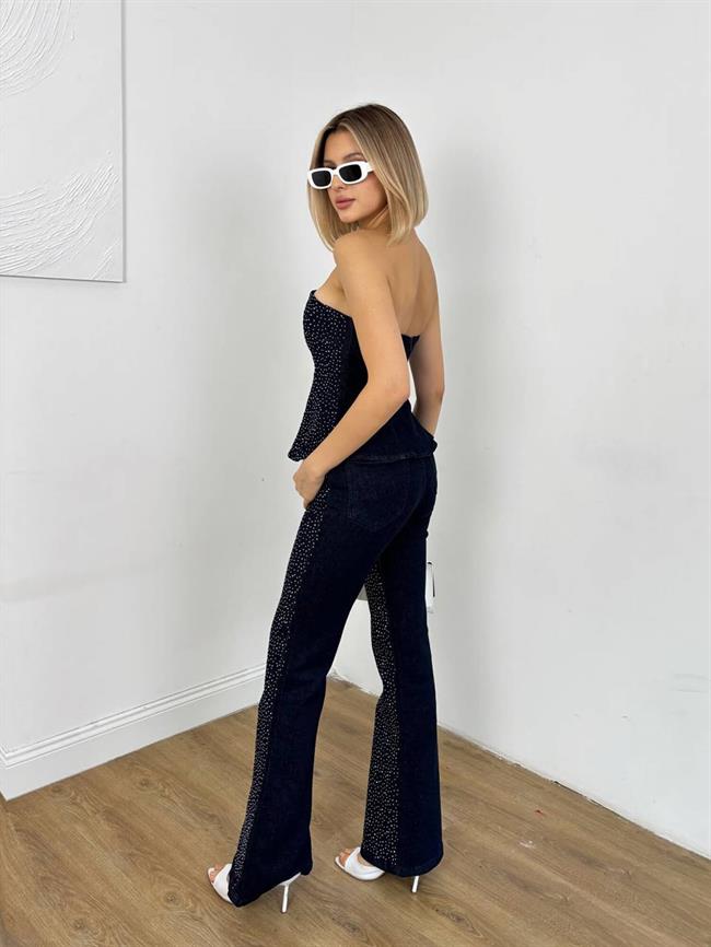 Önü Taşlı Straplez Bluzlu Kot Takım 30036 Lacivert