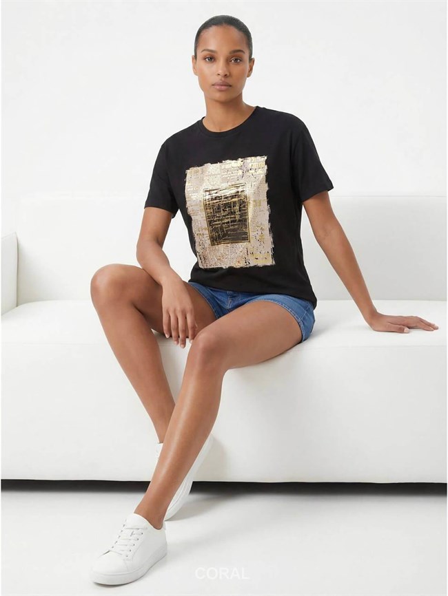 Önü Yazılı Varaklı Tişört 7560 Siyah