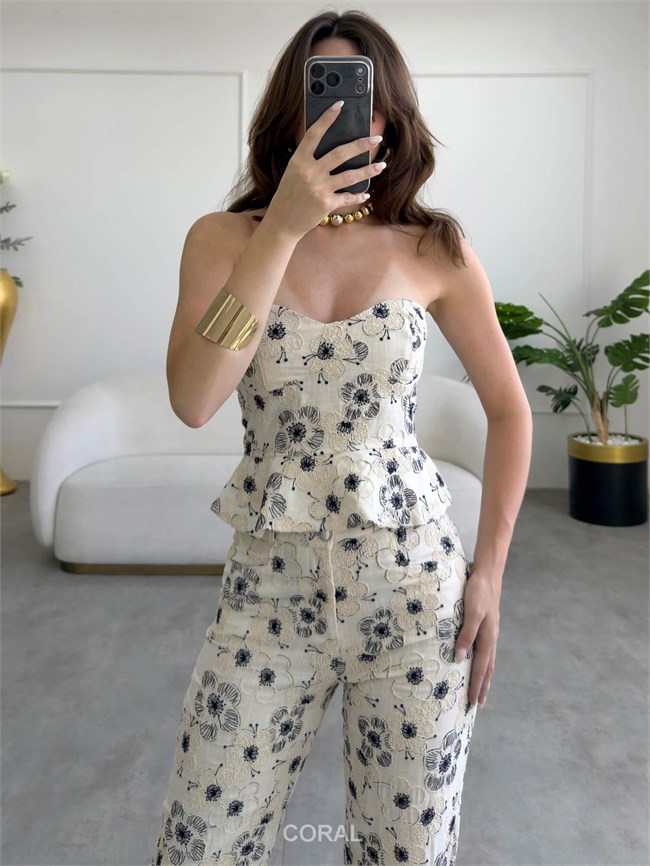 Örme Desenli Bluz Pantolon Takım 20542 Bej
