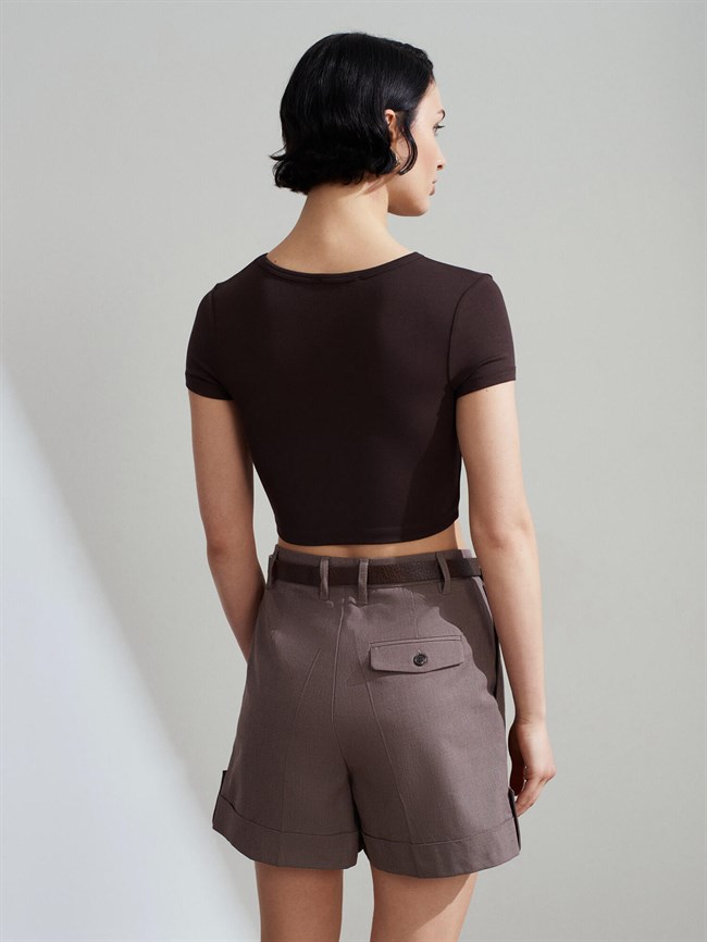 Oval Yaka Kısa Tişört 31104 Koyu Kahve