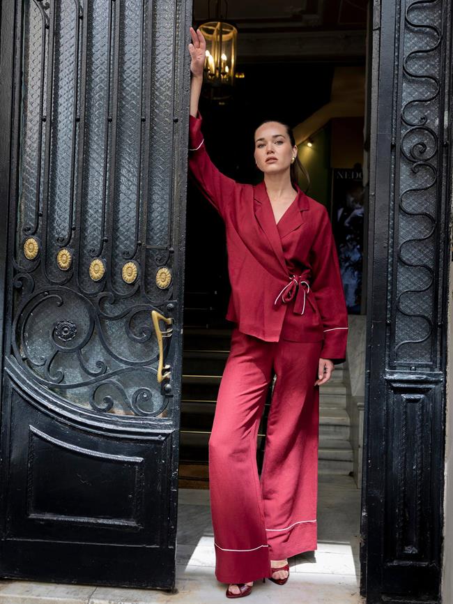 Paçası Çımalı Bağlamalı Bluz Pantolon Takım Bordo