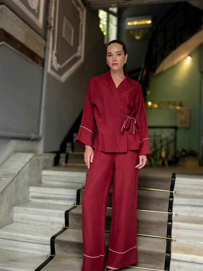 Paçası Çımalı Bağlamalı Bluz Pantolon Takım Bordo