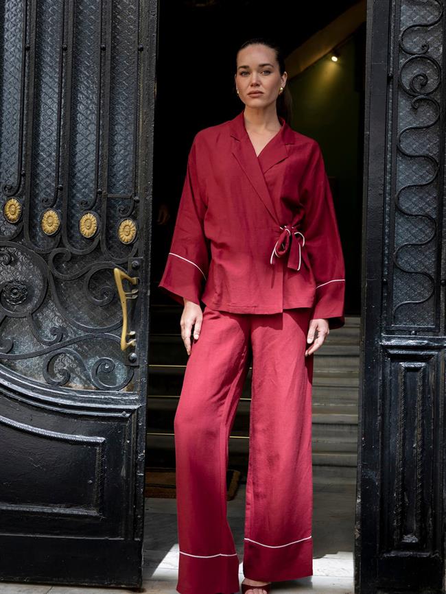 Paçası Çımalı Bağlamalı Bluz Pantolon Takım Bordo