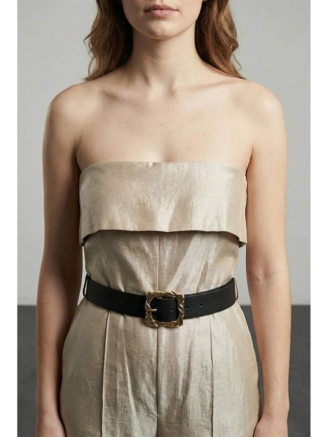 Parlak Kumaşlı Kemerli Straplez Tulum Tlm01379 Taş