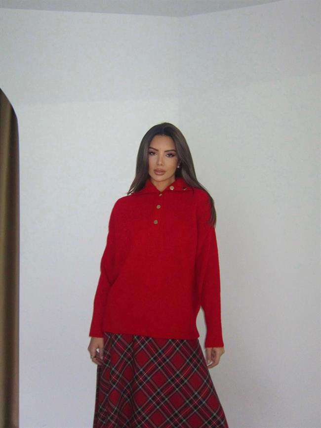 Patlı Polo Yaka Kazak 22733 Kırmızı