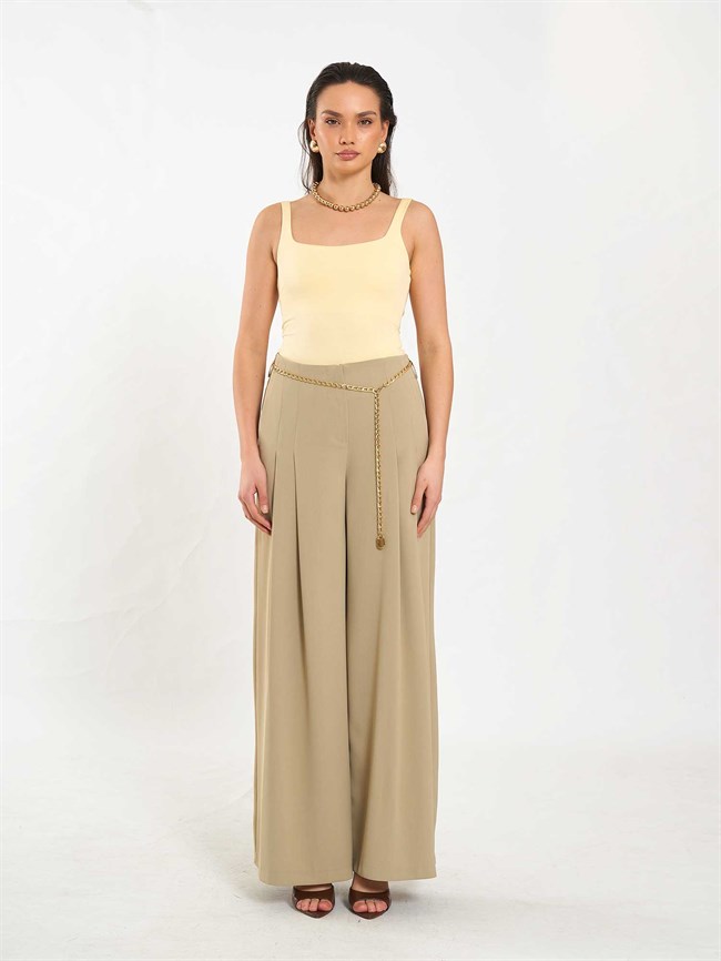 Pervazlı Çift Pile Pantolon 031641 Açık Yeşil