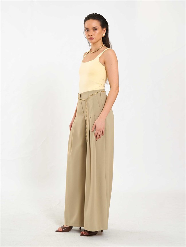 Pervazlı Çift Pile Pantolon 031641 Açık Yeşil