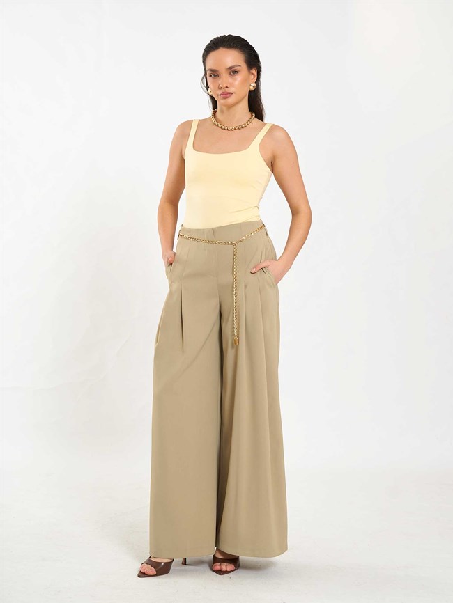 Pervazlı Çift Pile Pantolon 031641 Açık Yeşil