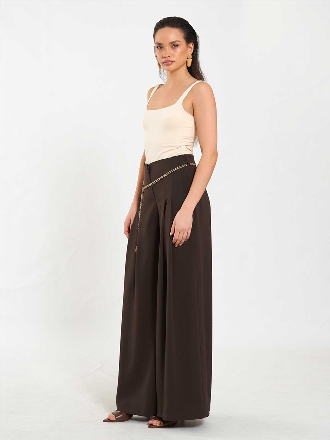 Pervazlı Çift Pile Pantolon 031641 Kahve