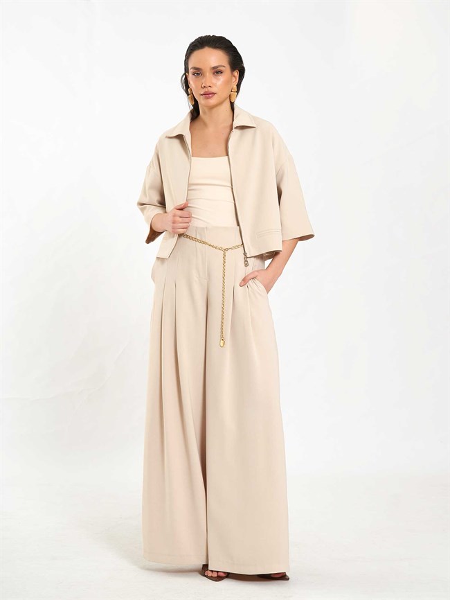 Pervazlı Çift Pile Pantolon 031641 Taş