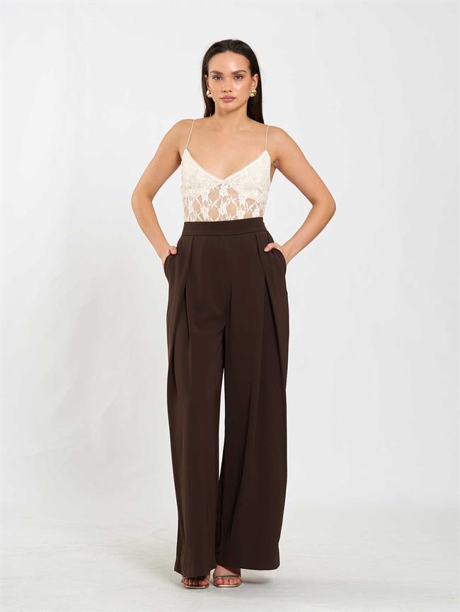 Pileli Bol Paça Pantolon 031635 Kahve