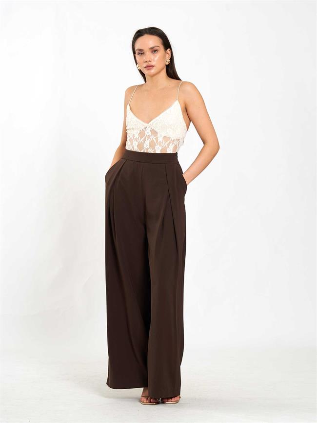 Pileli Bol Paça Pantolon 031635 Kahve