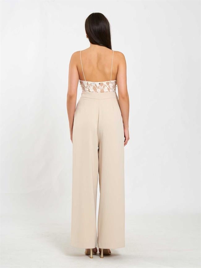 Pileli Bol Paça Pantolon 031635 Taş
