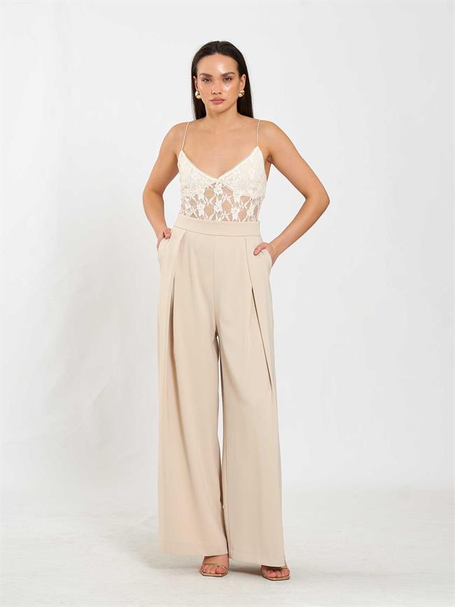 Pileli Bol Paça Pantolon 031635 Taş