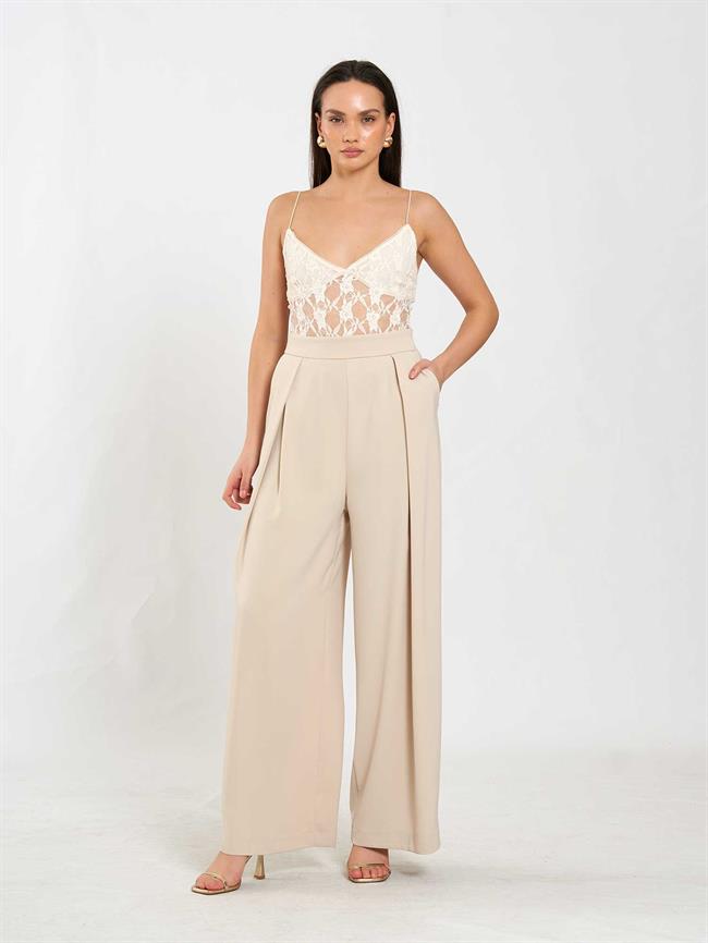 Pileli Bol Paça Pantolon 031635 Taş