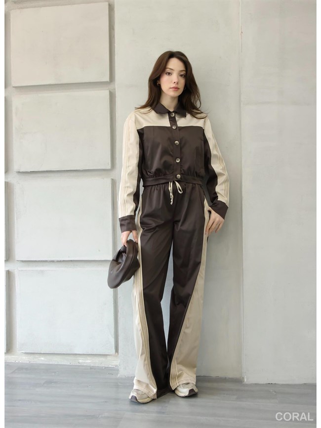 PNT01566 Ribana Detaylı Bol Saten Pantolon Kahve