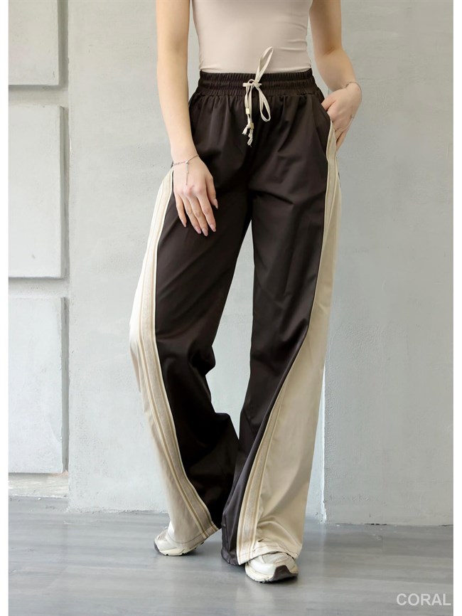 PNT01566 Ribana Detaylı Bol Saten Pantolon Kahve