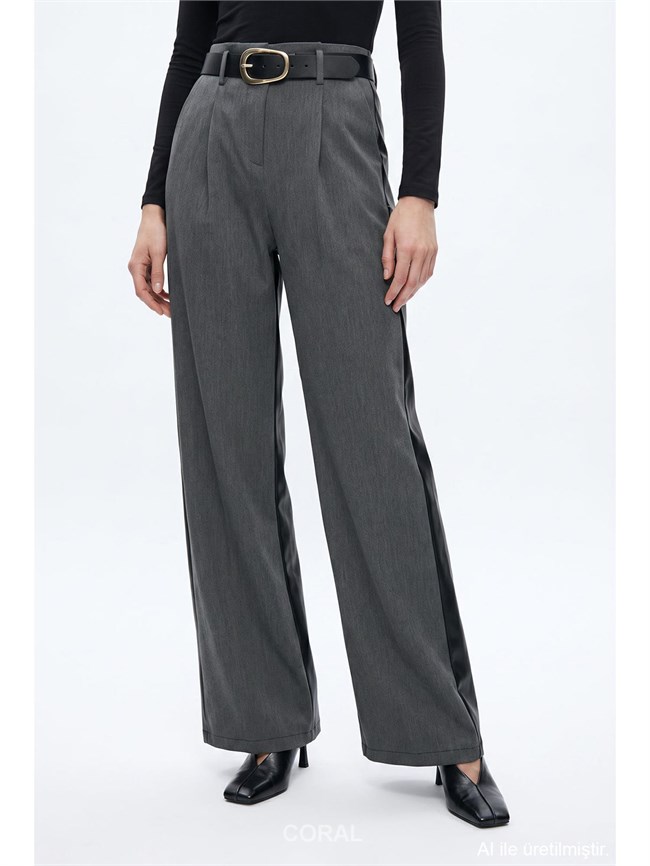 PNT02799 Arkası Derili Kemerli Pantolon Gri